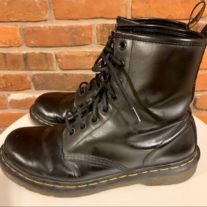 Dr. Martens Black Leather Combat Boots with Yellow Stitching